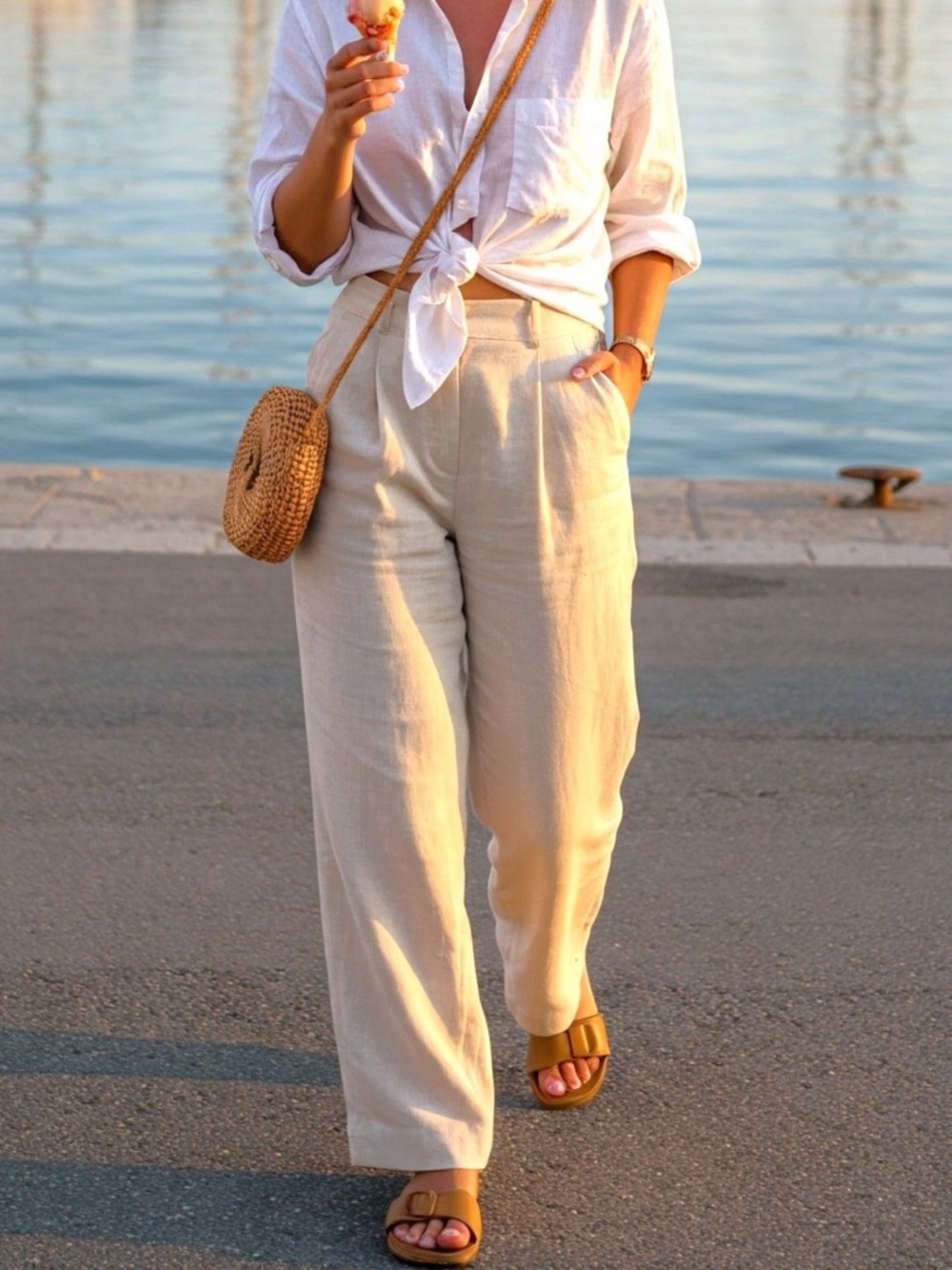 L.L. Bean Women's 100% Linen Pants in Natural Beige